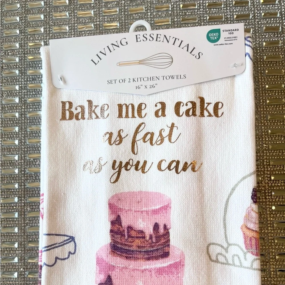 🎂 BAKE ME A CAKE AS FAST AS YOU CAN Pink Set of 2 Kitchen Towels NEW